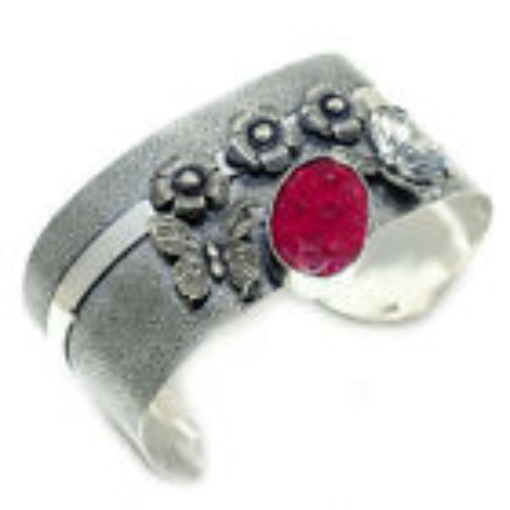 Handmade Kashmiri Red Ruby Gem 925 Cuff Bracelet